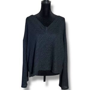 M//C Black Women's Thin Knit Long Bell Sleeve Open Back V-Neck Boho Sweater